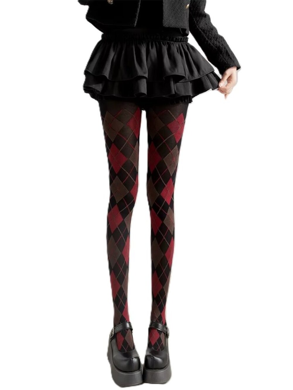 Women's Argyle Check Diamond Tartan Plaid Red Brown Black Tights Pantyhose